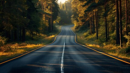 Obraz premium A winding road stretches through a serene forest, bathed in warm sunlight, creating a peaceful and picturesque atmosphere in nature