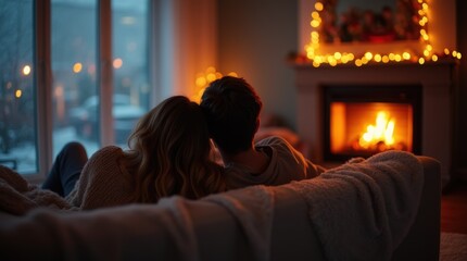 A cozy couple cuddles on the couch while watching a romantic movie on New Years Eve by the fireplace