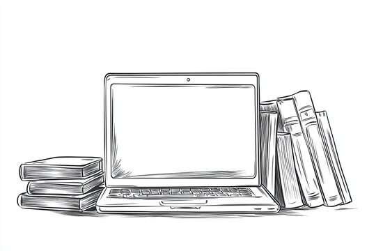 laptop and books sketch, black and white clip art preview