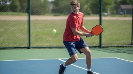 A young player prepares to hit a ball during an energetic pickleball game on outdoor courts in bright sunlight