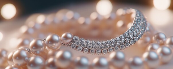 A shimmering necklace adorned with pearls and diamonds, elegantly displayed against a soft, blurred background, highlighting luxury and sophistication.