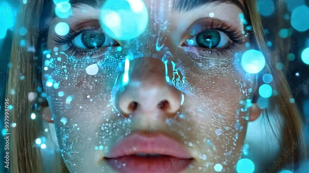 Aufkleber a young woman is illuminated by glowing digital patterns projected onto her face, creating an ethere