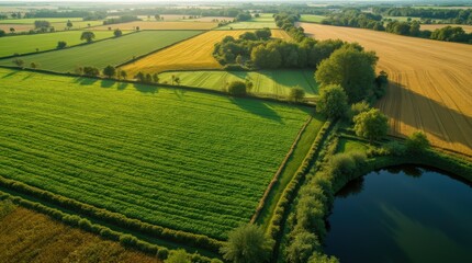 Aerial view of a regenerative farm featuring diverse crop rotation patterns and lush landscapes during the early morning light