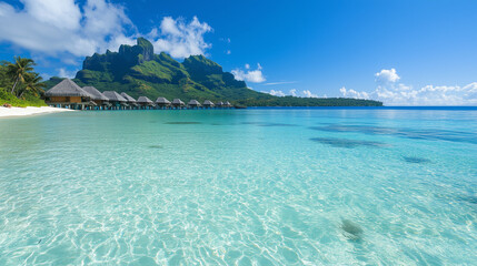 Fototapeta premium Malownicza laguna, otoczona bujną roślinnością, zachwyca swoimi krystalicznie czystymi wodami, które mienią się odcieniami turkusu i błękitu.