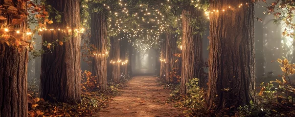 Fototapete Rund Home office with an enchanted forest theme, featuring tree trunk columns, foliage canopies, and fairy lights Magical and immersive © Abdul