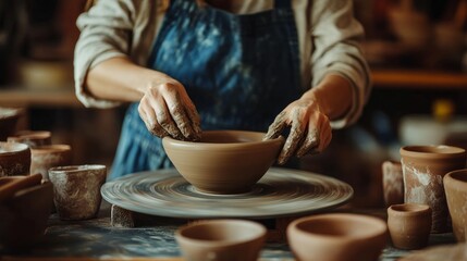 A skilled potter is at work on her wheel. ceramics studio. up close.
