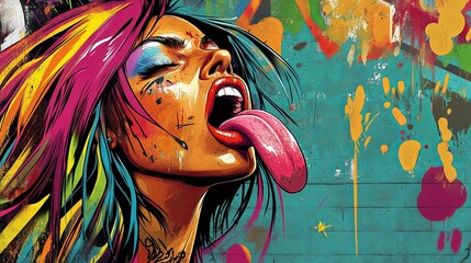 Naklejka premium A woman with a tongue sticking out is painted on a colorful background