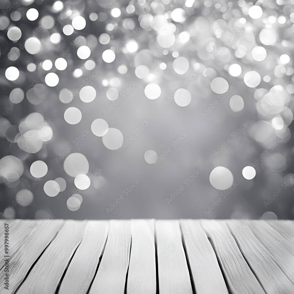 Poster a wooden plank floor with a soft, silver bokeh background, creating a versatile and elegant scene. t