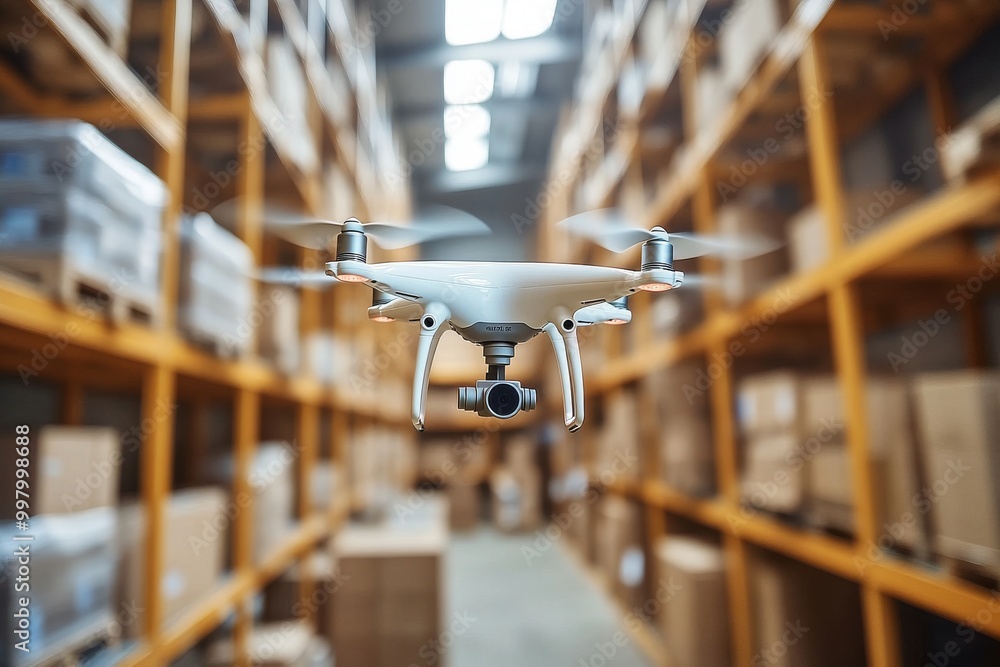 Aufkleber drone flying down a narrow warehouse aisle filled with boxes symbolizing the integration of automate