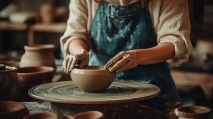 A skilled potter is at work on her wheel. ceramics studio. up close.
