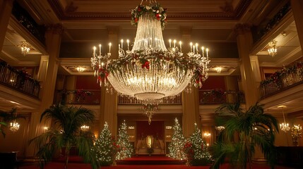 Fototapeta premium A grand chandelier adorned with mistletoe and crystal icicles hanging in a grand ballroom