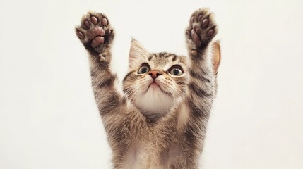 A kitten is shown with its paws raised in the air, looking up at the camera