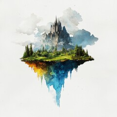 Watercolor painting of a floating island with mountains and clouds swirling below, on isolated white background