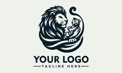 Lion holding baby tiger vector logo protective, Lion protecting baby tiger in monochrome, evoking care and safety. Suitable for parental themes in design, print, and branding projects.