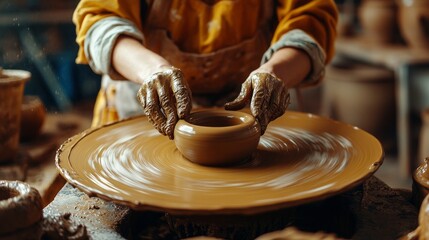 A skilled potter is at work on her wheel. ceramics studio. up close.
