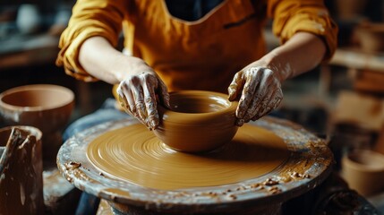 Fototapeta premium A skilled potter is at work on her wheel. ceramics studio. up close. 