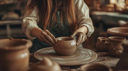 A skilled potter is at work on her wheel. ceramics studio. up close.
