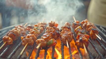 Grilled skewers with meat and vegetables on barbecue, smoky cooking environment.