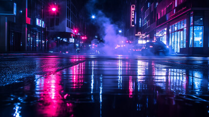 Fototapeta premium Mroczna ulica nocą, na której mokry asfalt odbija intensywne neonowe światła, tworzy surrealistyczny pejzaż.