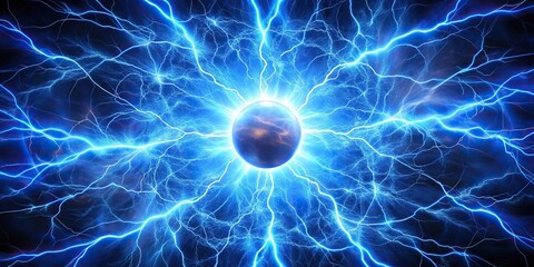 Obraz premium Fisheye effect picture with vibrant blue electricity bolts in the background