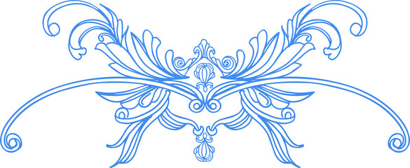 Composition of elegant botanical elements on a Victorian theme. Thin outline graphic elements in blue on white background. Digital illustration for covers, branding, wedding design.