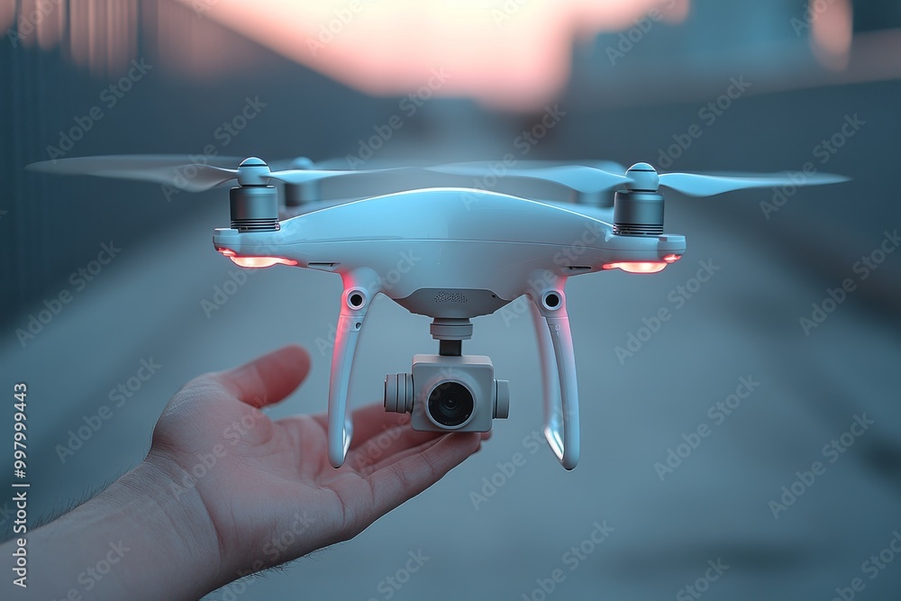 Poster close up of a drone in a workers hand with the sunset in the background symbolizing the intersection