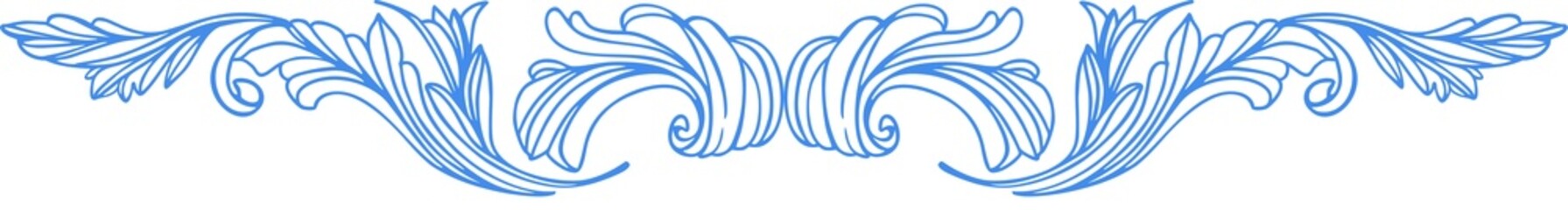 Composition of elegant botanical elements on a Victorian theme. Thin outline graphic elements in blue on white background. Digital illustration for covers, branding, wedding design.