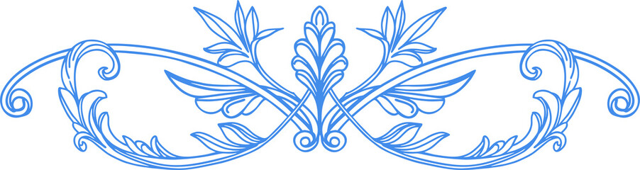 Composition of elegant botanical elements on a Victorian theme. Thin outline graphic elements in blue on white background. Digital illustration for covers, branding, wedding design.