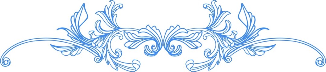 Composition of elegant botanical elements on a Victorian theme. Thin outline graphic elements in blue on white background. Digital illustration for covers, branding, wedding design.