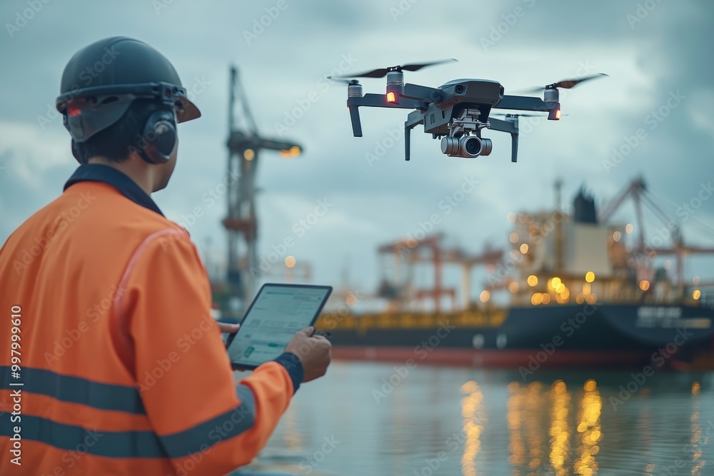Poster worker in an orange vest using a tablet to control a drone hovering over a shipping dock representin