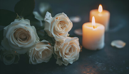 Fototapeta premium Lighted candle and elegant white roses arrangement on dark background. All souls day, Death, decrease, Prayer, Memirial Day, Duel, Mourning, Grave, Cemetery, Burial, Condolence, Cremation and funeral