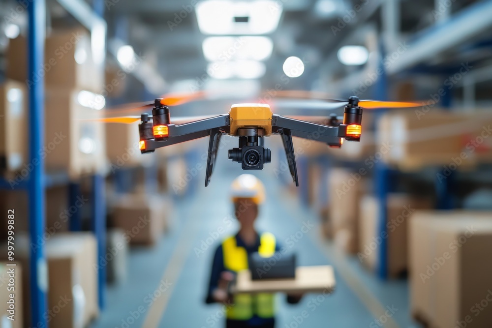 Poster drone flying down a warehouse aisle while a worker monitors operations highlighting the efficiency o