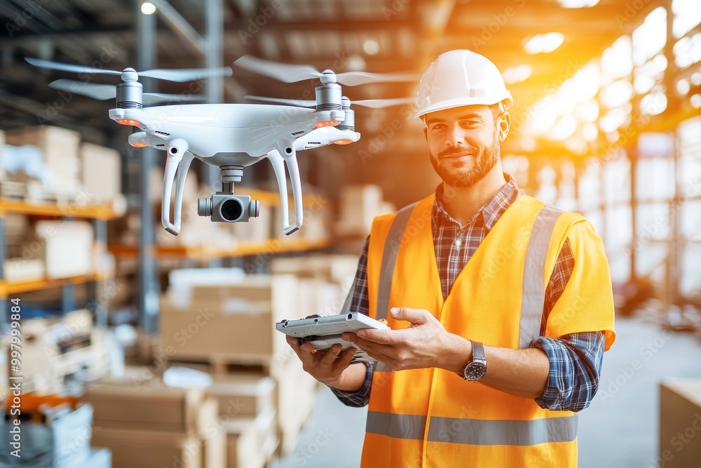 Poster worker in an orange vest controlling a drone in a large industrial warehouse representing the use of