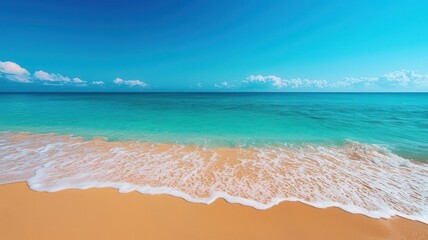 Turquoise ocean waves washing over a serene beach, with crystal-clear water reflecting the sky, peaceful and relaxing scene