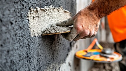 Close-up of a hand applying fresh drywall plaster in a well-lit home renovation setting with tools nearby