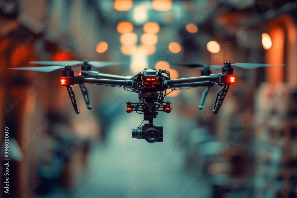 Poster drone flying through a brightly lit warehouse representing the integration of automated aerial techn
