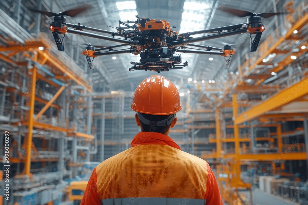 Aufkleber drone flying over an industrial warehouse with multiple aisles and shelves representing the efficien