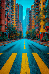 'Autumn's way into the urban jungle'.
A city street with golden fall trees leads to skyscrapers under a misty blue sky.'