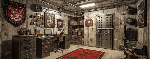 Fototapeta premium Home office with an underground bunker theme, featuring reinforced concrete walls, vintage war memorabilia, and a secure, vault-style door Secure and intriguing