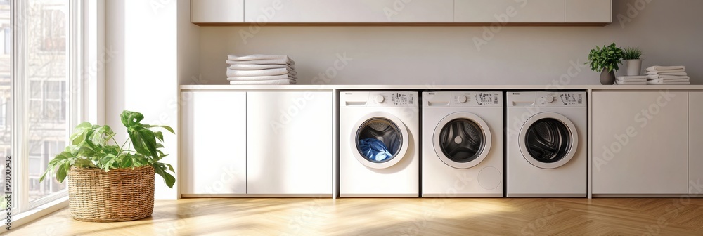 Poster this modern laundry room showcases built-in washing and drying machines with white cabinets and a la