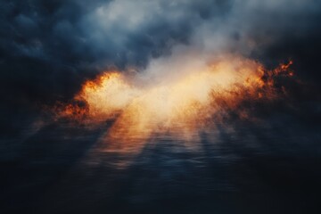 Obraz premium Beams of light breaking through stormy clouds over a dark ocean