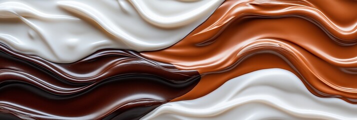 Smooth chocolate waves create a gentle abstract background in minimalist style, featuring white and...