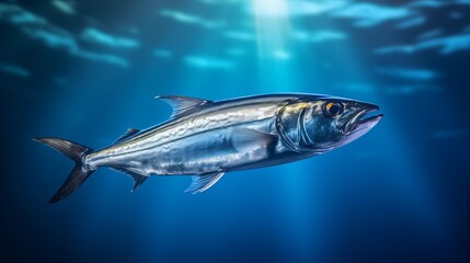 Fototapeta premium A vibrant fish swimming gracefully in deep blue ocean waters during sunlight rays