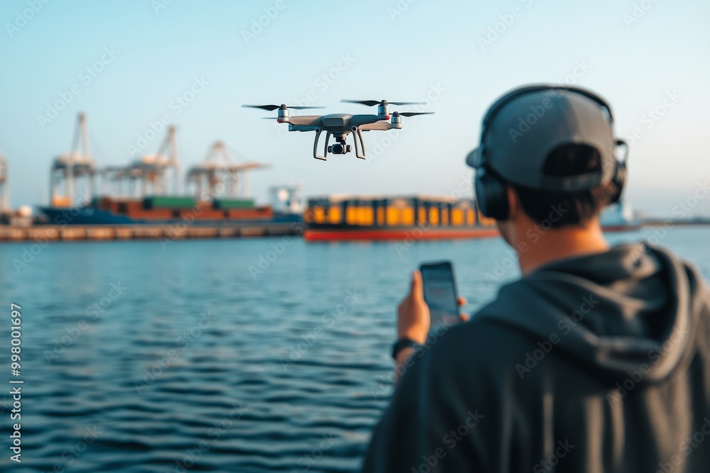 Poster man controlling a drone at a shipping port with cranes in the background representing the role of dr
