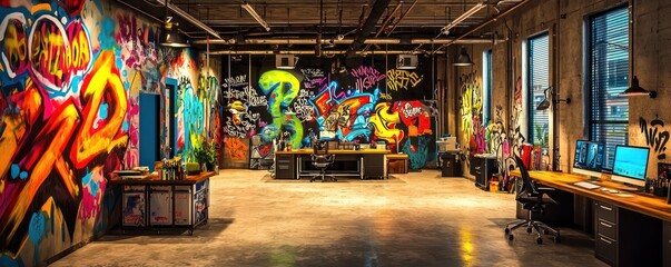 Fototapeta premium Home office with an urban street art theme, featuring graffiti murals, industrial furniture, and vibrant colors Edgy and creative