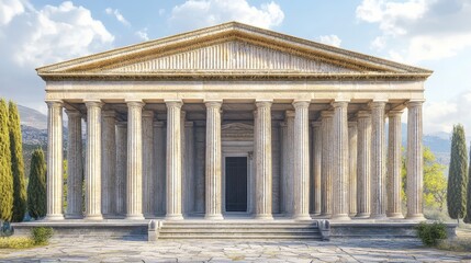 Obraz premium Ancient Roman temple, resembling the Greek Parthenon, with columns and a gate, representing Roman Empire architecture and Greek history, like the Acropolis in Athens.