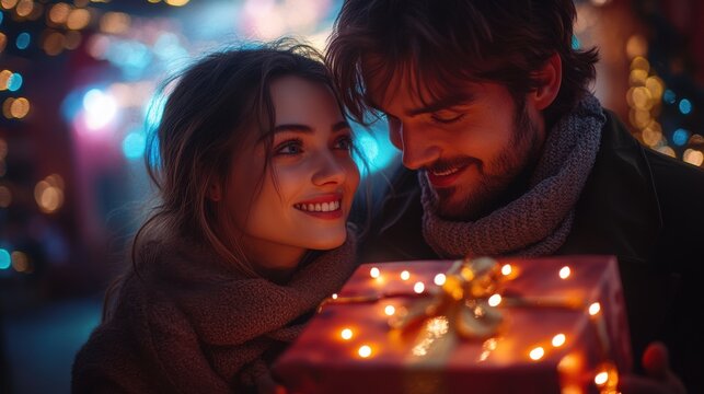 Romantic Gift Exchange in Futuristic Holographic Christmas Decorated Apartment at Twilight - Nikon Z7 II Medium Shot with Cozy Tones