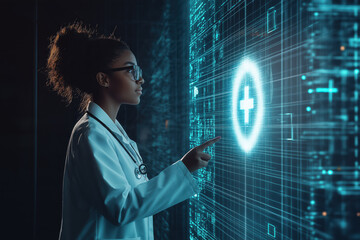 A woman in a white lab coat pointing at a computer screen with a red cross on it