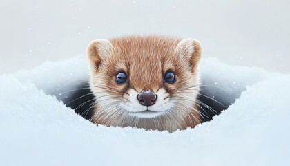 A cute creature peeking out from a snowy burrow, showcasing its inquisitive nature and beautiful features in a serene winter landscape.
