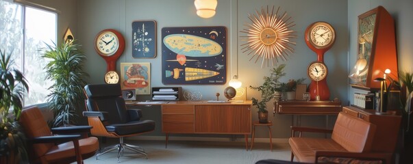 Home office with a 1960s space age theme, featuring atomic furniture, starburst clocks, and vintage space travel posters Retro and futuristic